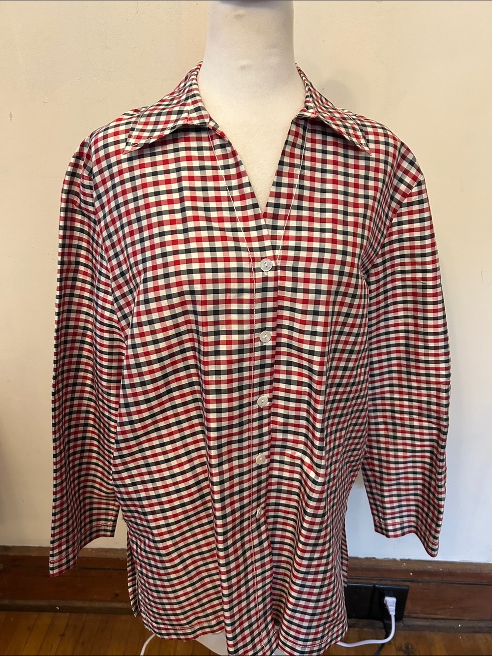 Sunny Leigh Gingham long sleeve red black white silk blouse Size L EUC